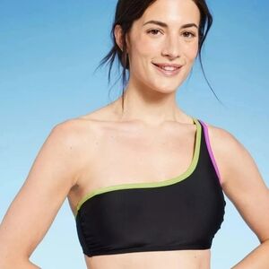 Women's Contrast Binding One Shoulder Bralette Bikini Top Shade & Shore Black L